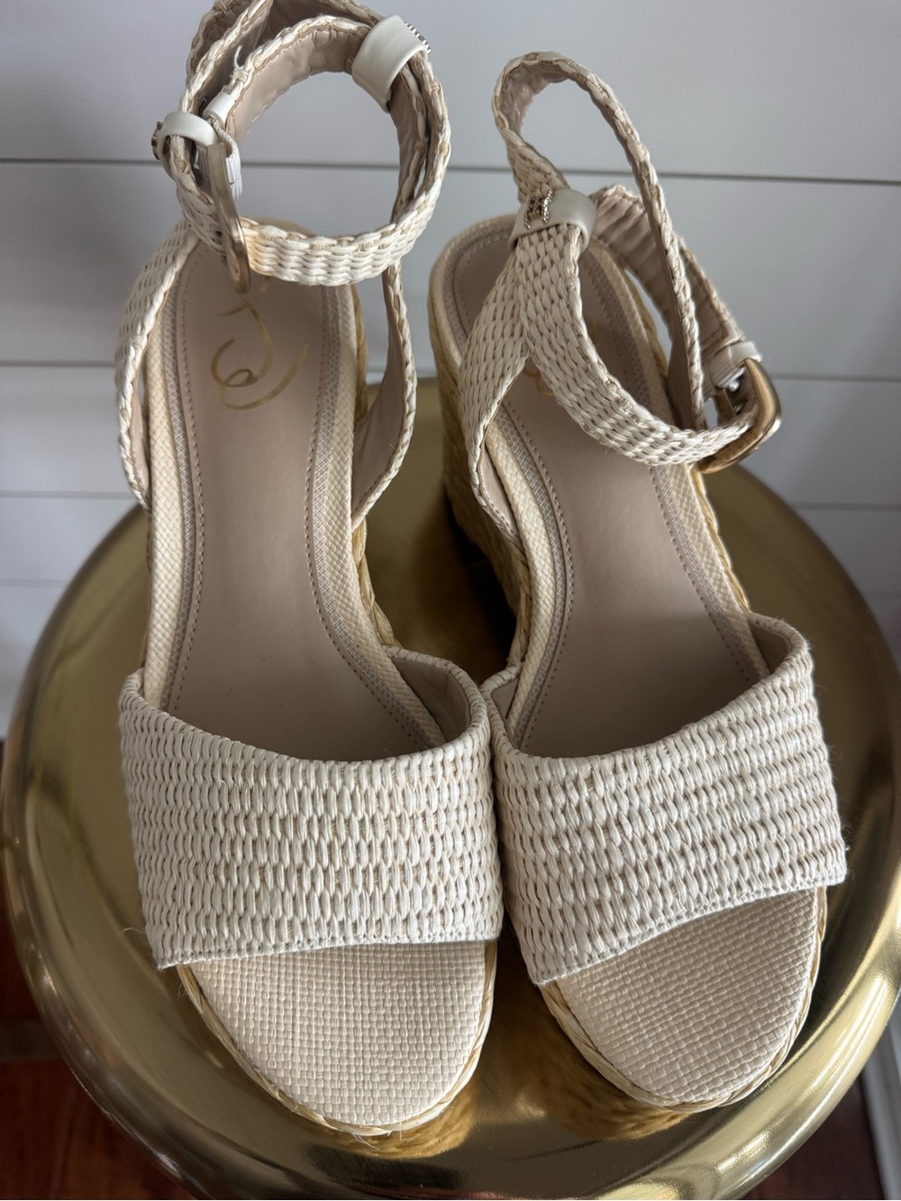 Sam Edelman Cream Woven Espadrille Wedge Sandals with Ankle Strap